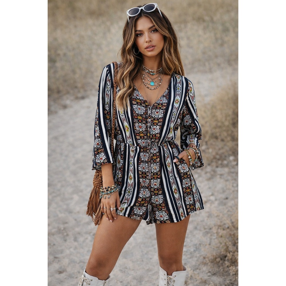 Bongo Shorts Romper Floral Stripe Pattern Size M Boho Hippie Festival